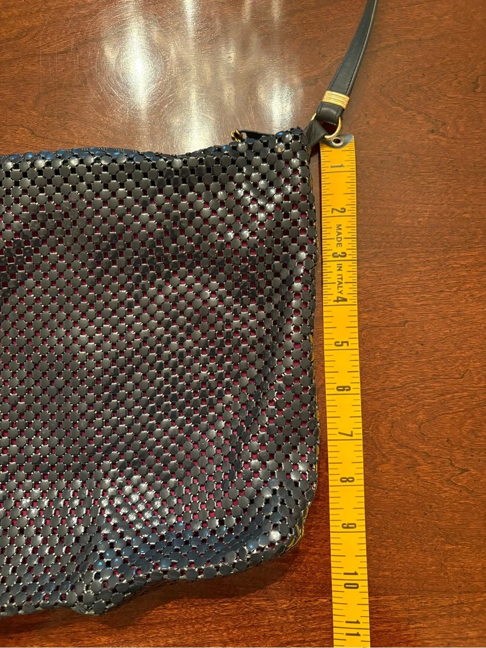 Whiting and Davis Navy Blue Metal Mesh with Leather Strap Crossbody Shoulder Bag
